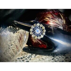 Vintage Blue & White Moonstone With Amethysts Cocktail Sterling Silver Ring Sz 6